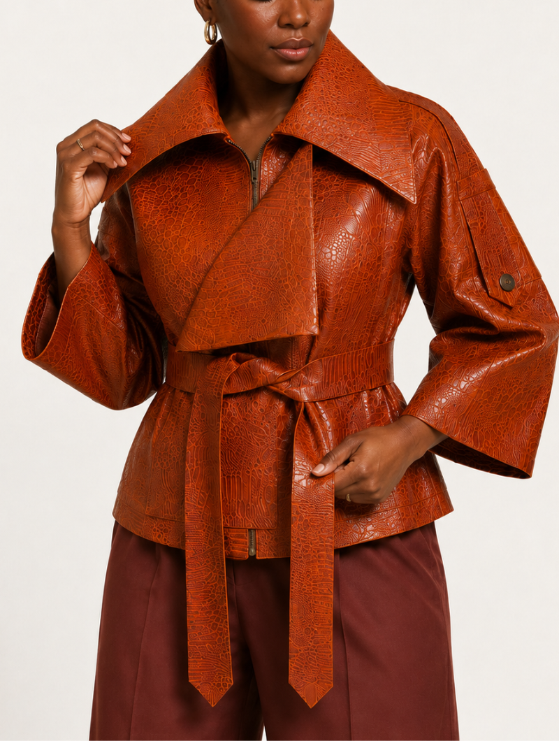 Croc Belted Leather Jacket