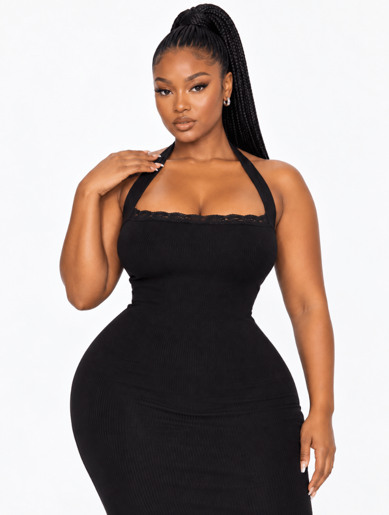 Ribbed Lace Halter Dress
