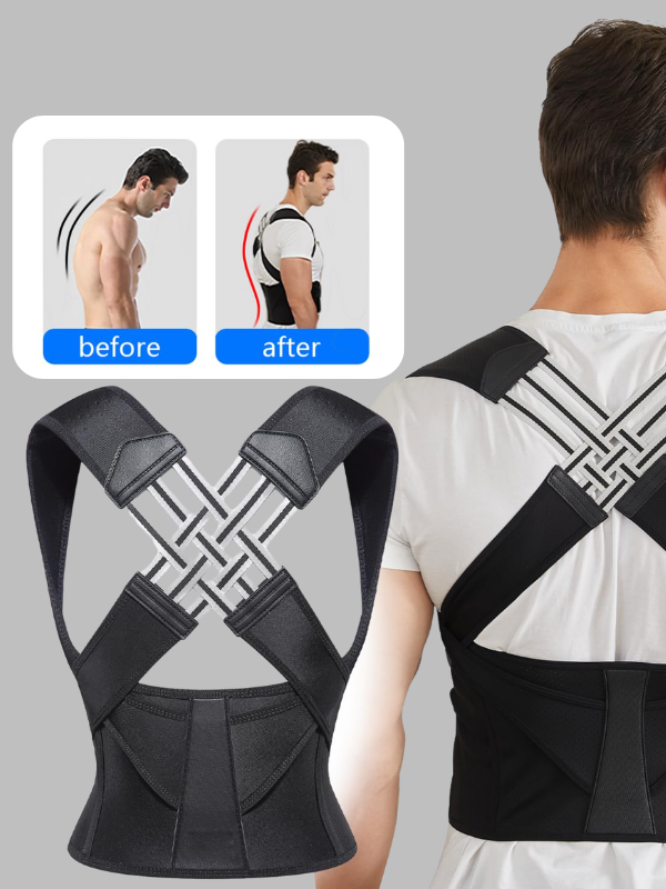 Man wearing black posture corrector brace with visible before-and-after posture improvement comparison shown in the corner.