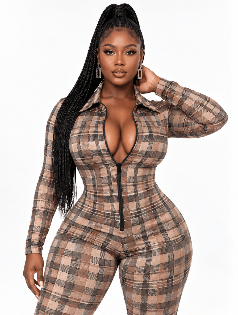 Plaid Stacked Zip Jumpsuit