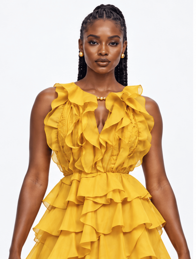 Beaded Plunge Ruffle Gown