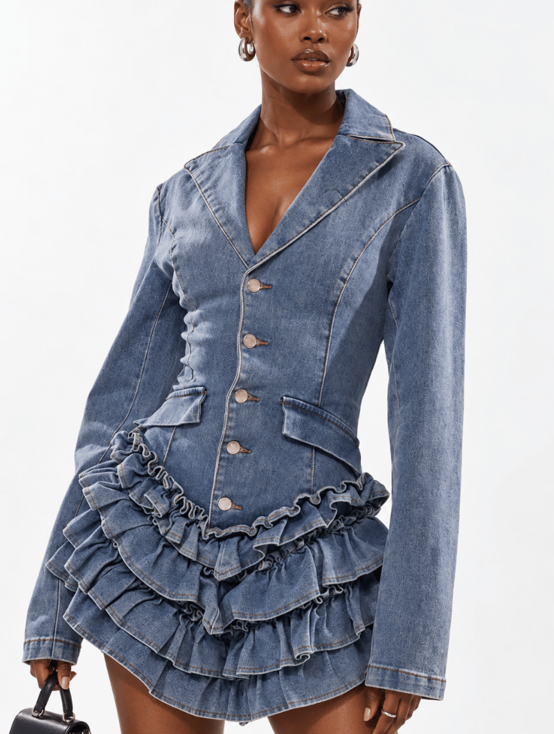 Denim Ruffle Blazer Romper