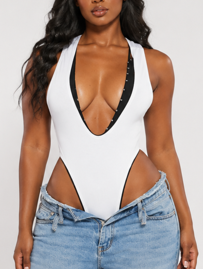 Contrast Trim Plunge Bodysuit