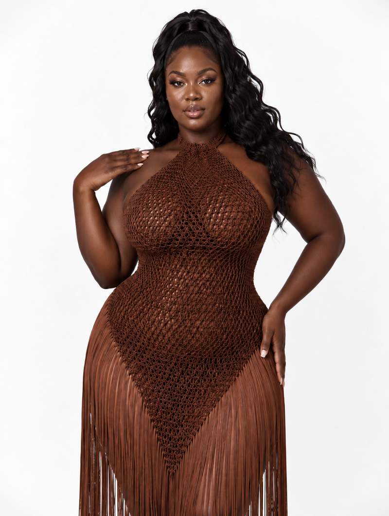 Mocha Crochet Fringe Maxi