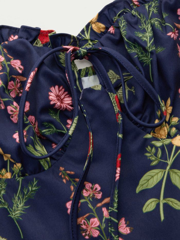 Floral & Fruit Ruffle Hem Knotted Layered Mini Dress