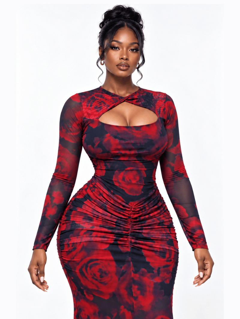 Ruched Rose Cutout Gown