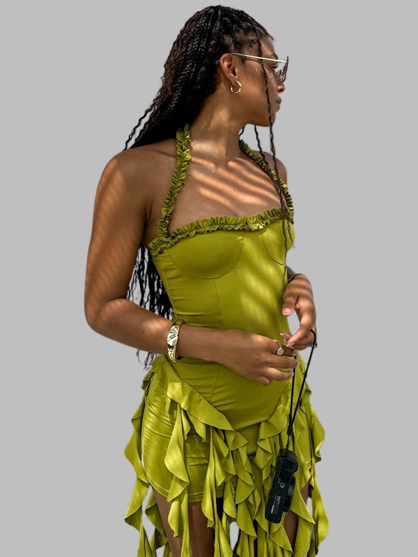 Ruffle Backless Halter Dress