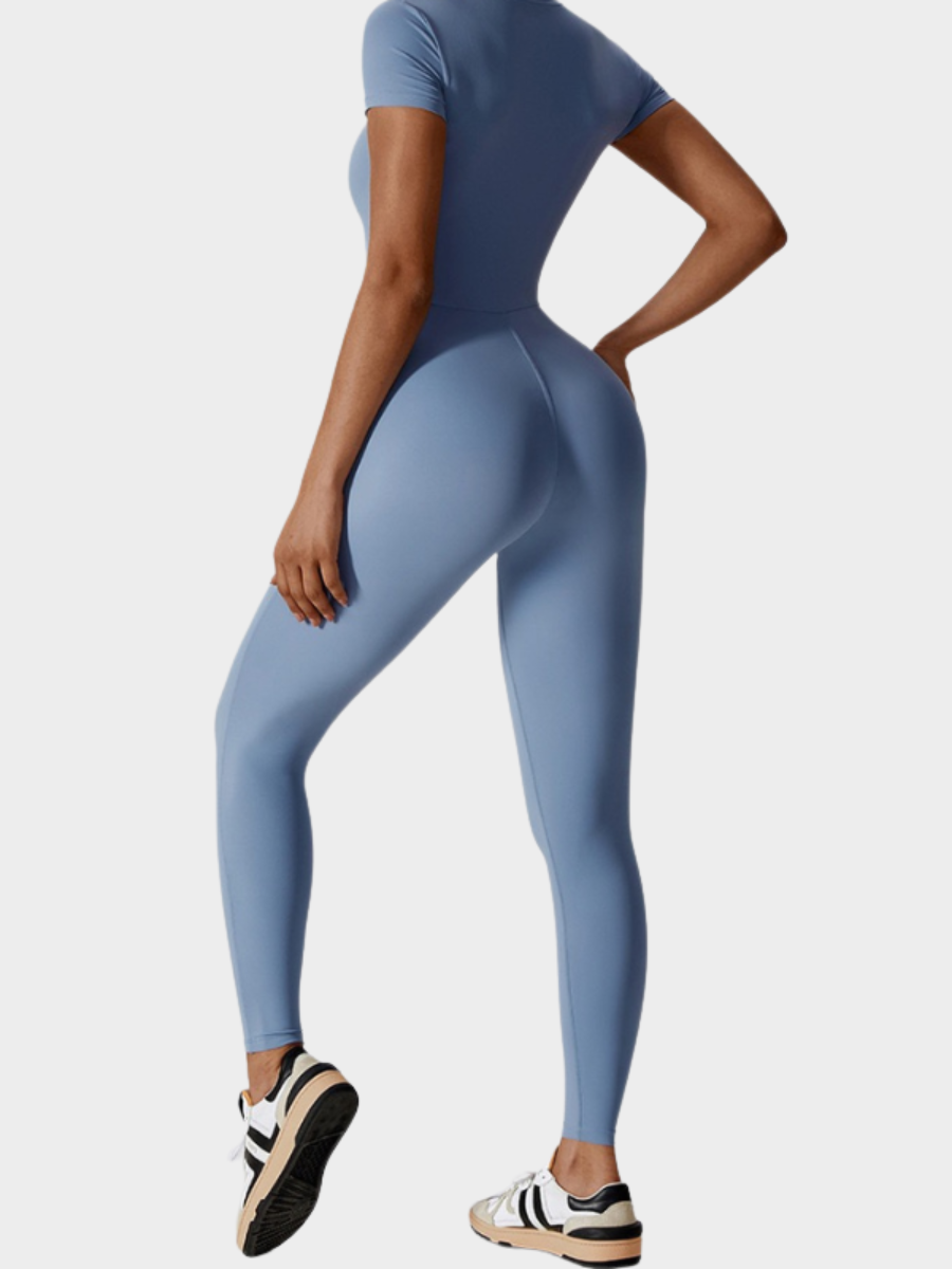 Women Zipper Short Sleeve Nude Yoga Jumpsuit