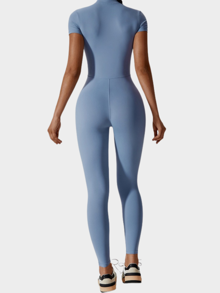 Women Zipper Short Sleeve Nude Yoga Jumpsuit