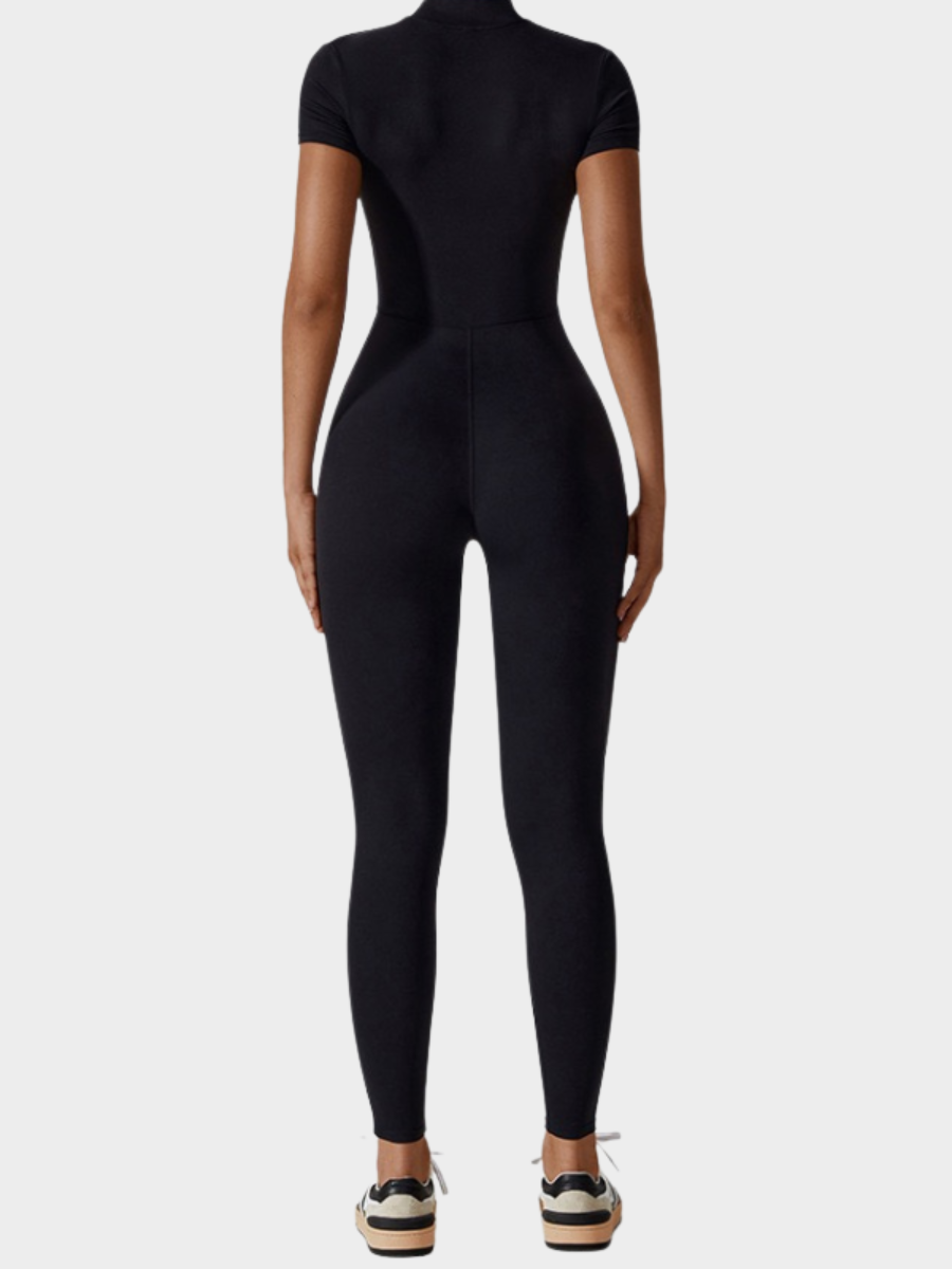 Women Zipper Short Sleeve Nude Yoga Jumpsuit