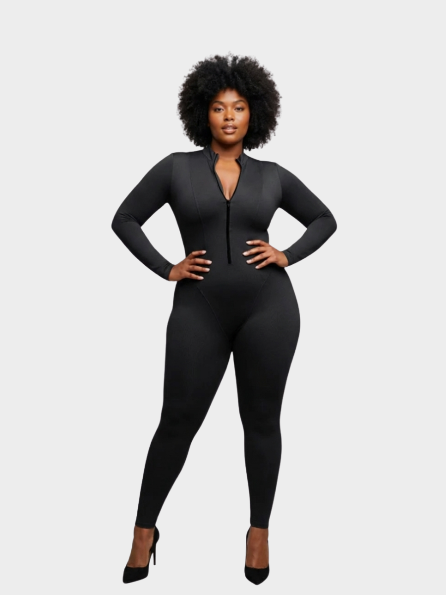 Combinaison sculptante à manches longues et fermeture éclair sur le devant