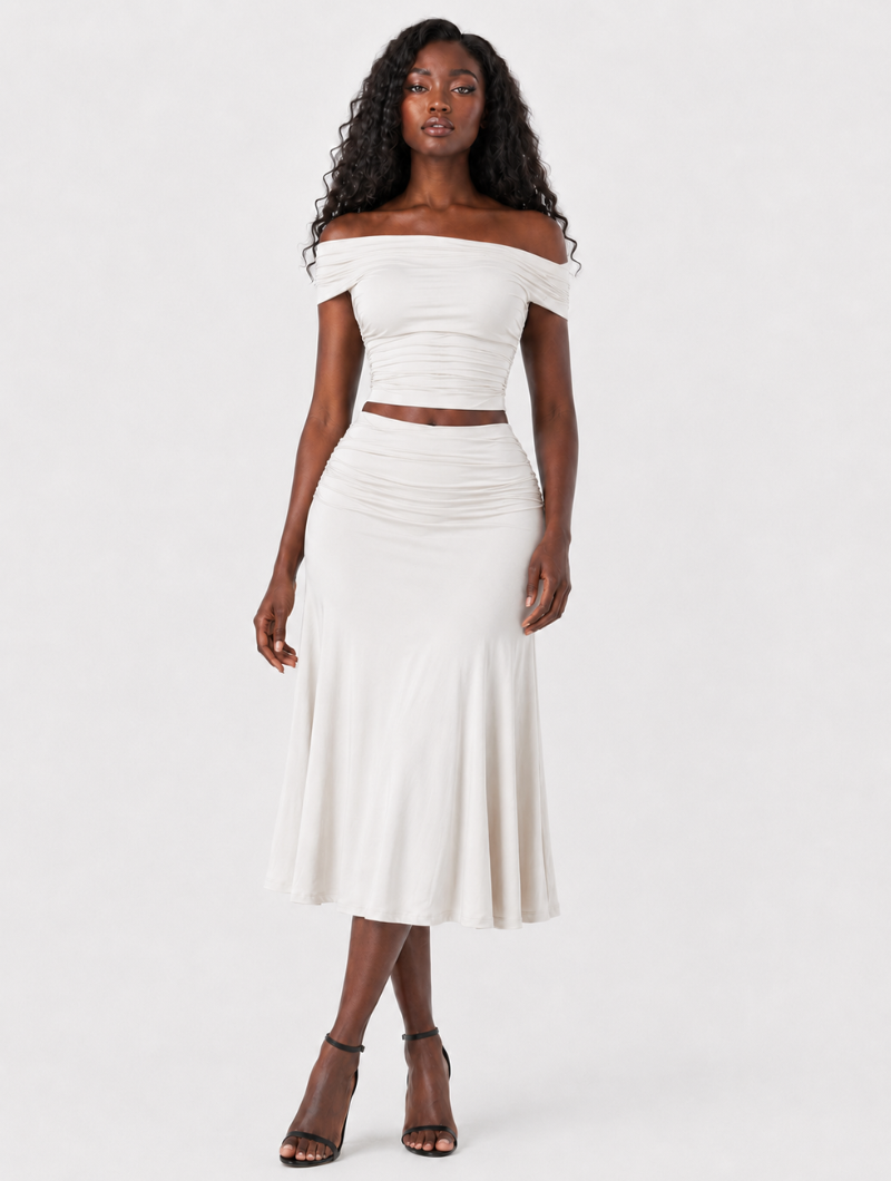 Off-Shoulder Ruched Skirt Set
