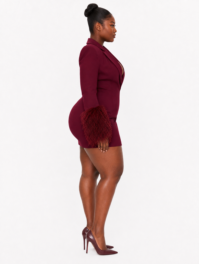 Burgundy Feather Blazer Dress