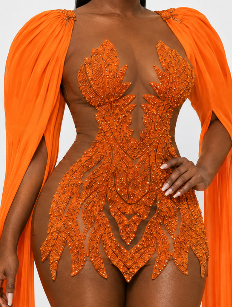Orange Beaded Long-Sleeve Mini