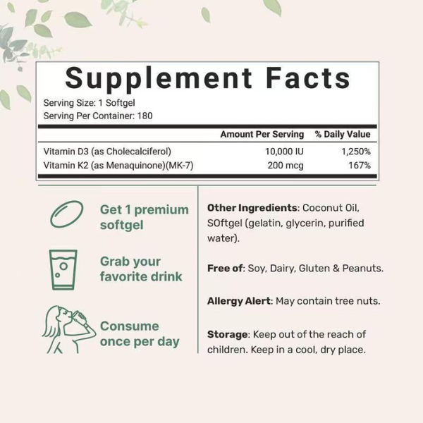 Cápsulas blandas de suplemento de vitamina D3 y K2