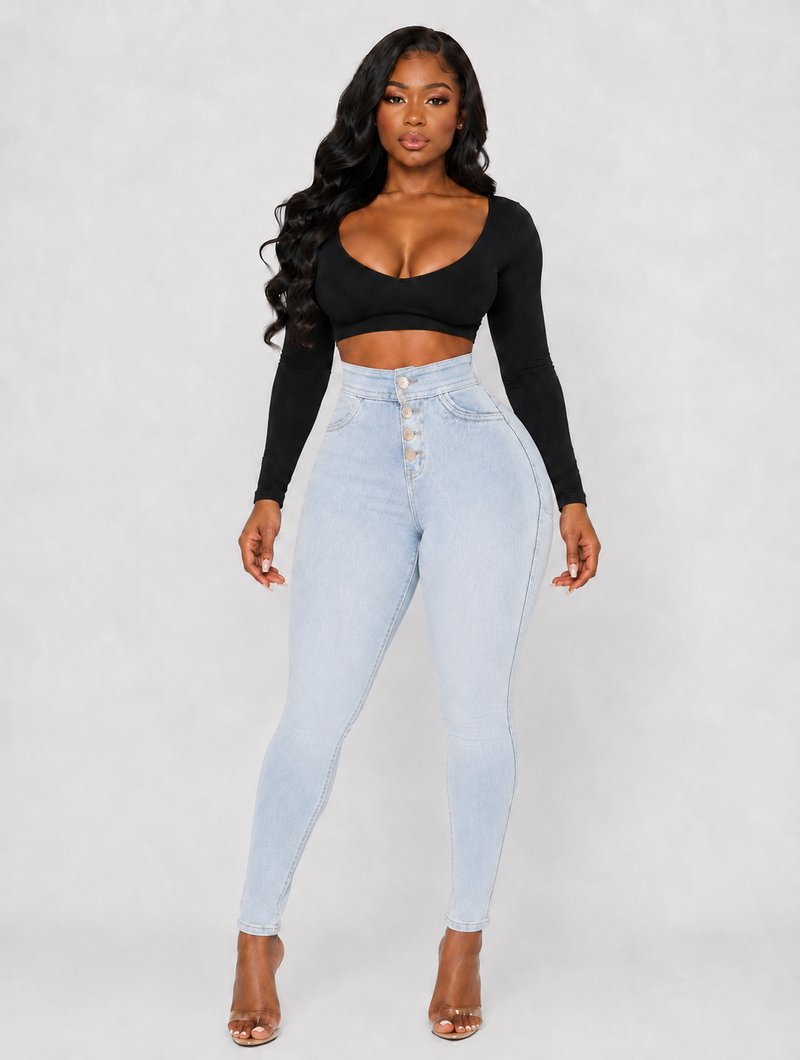 Snatched Waist Button Skinny