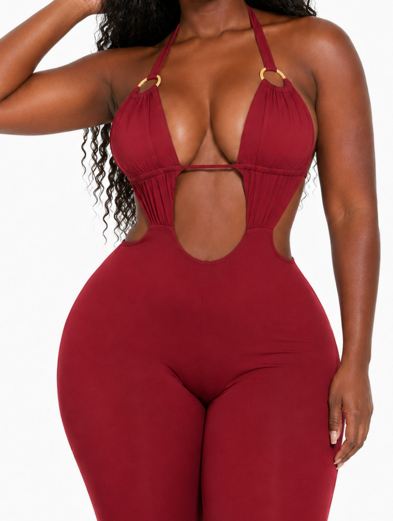 Wine Halter Flare Jumpsuit