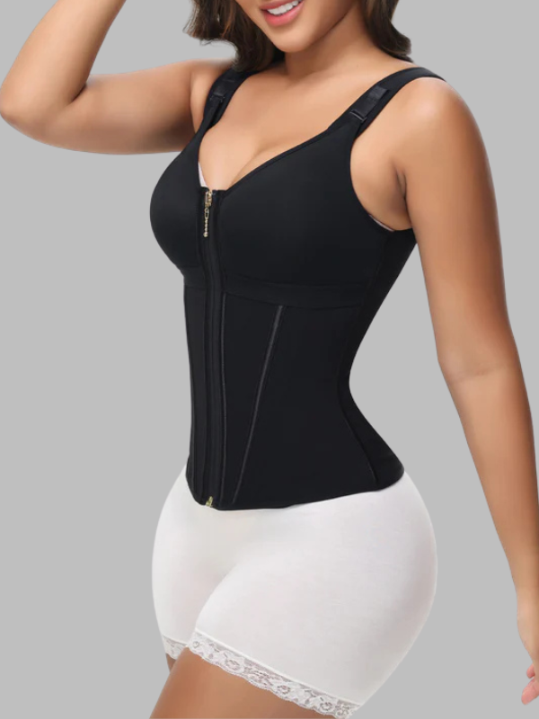 Side view of model wearing black tight belly belt shapewear showcasing tummy control and bust lift.