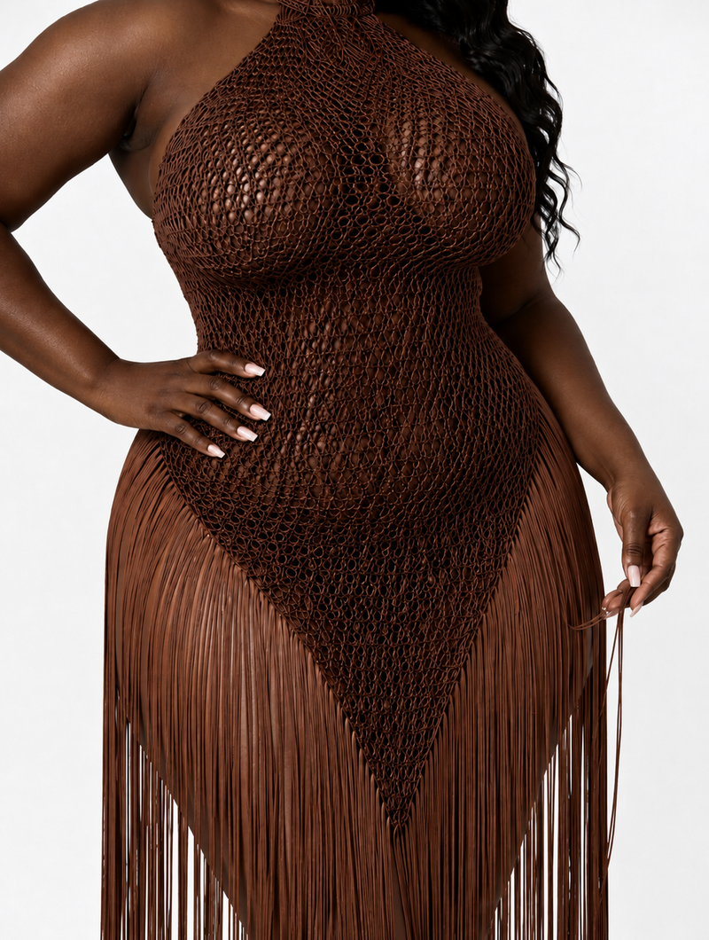 Mocha Crochet Fringe Maxi
