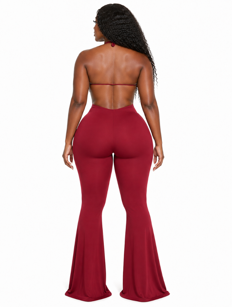 Wine Halter Flare Jumpsuit
