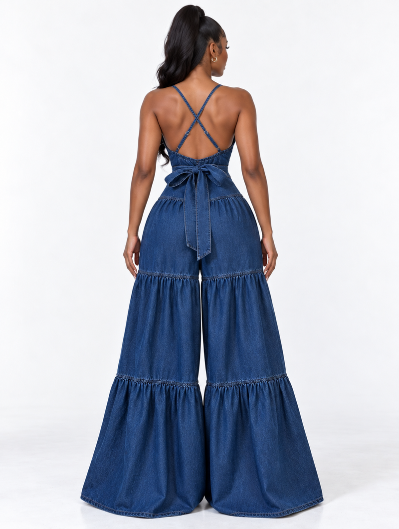 Tiered Denim Maxi Jumpsuit