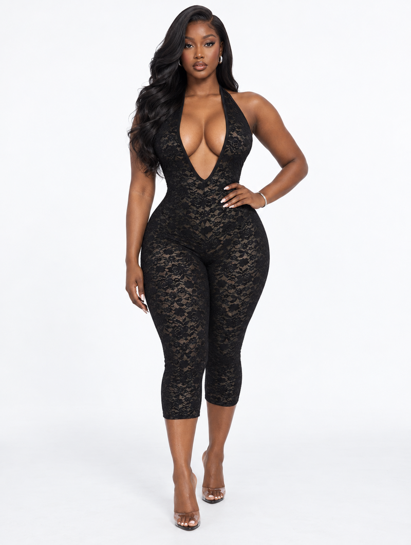 Halter Plunge Lace Jumpsuit