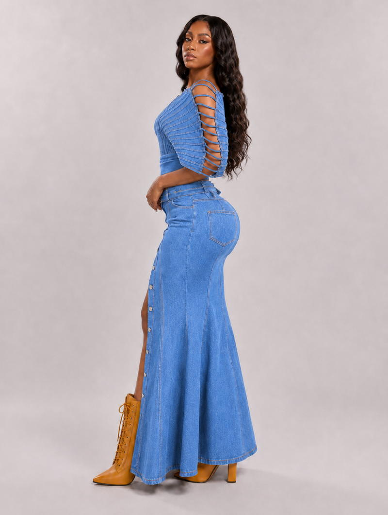 Denim Fan Pleated Top