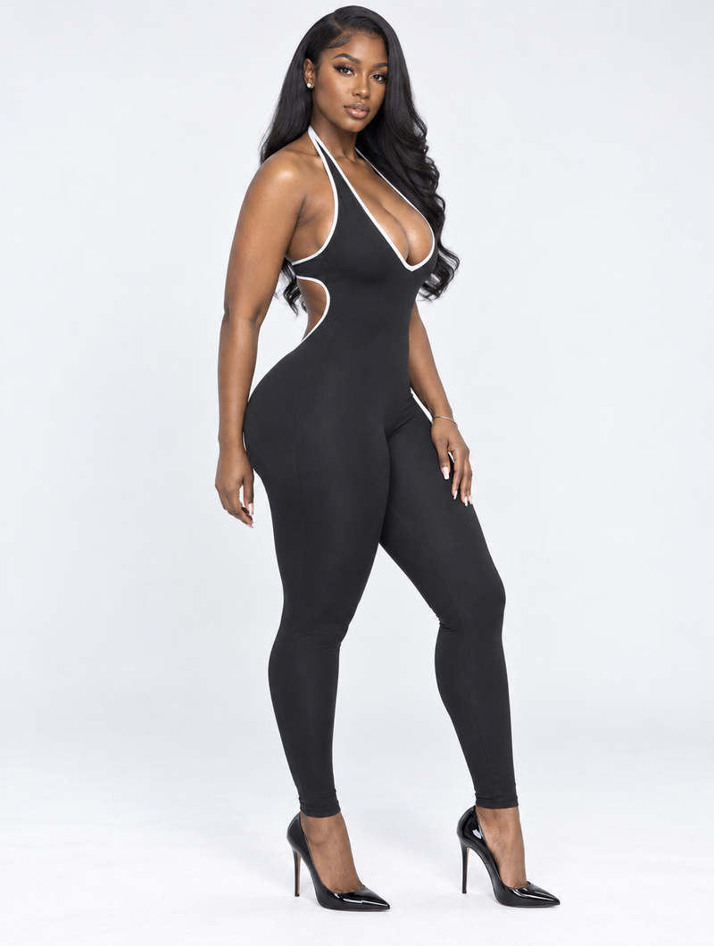 Contrast Piping Halter Catsuit
