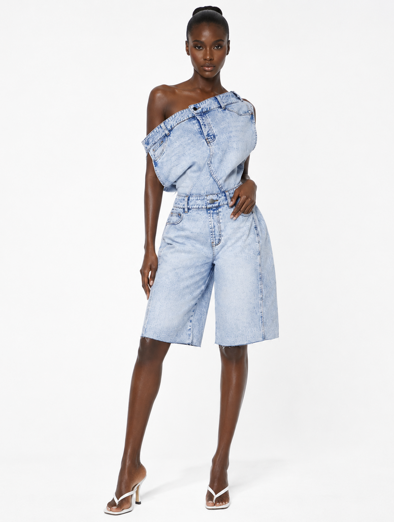 One Shoulder Denim Romper