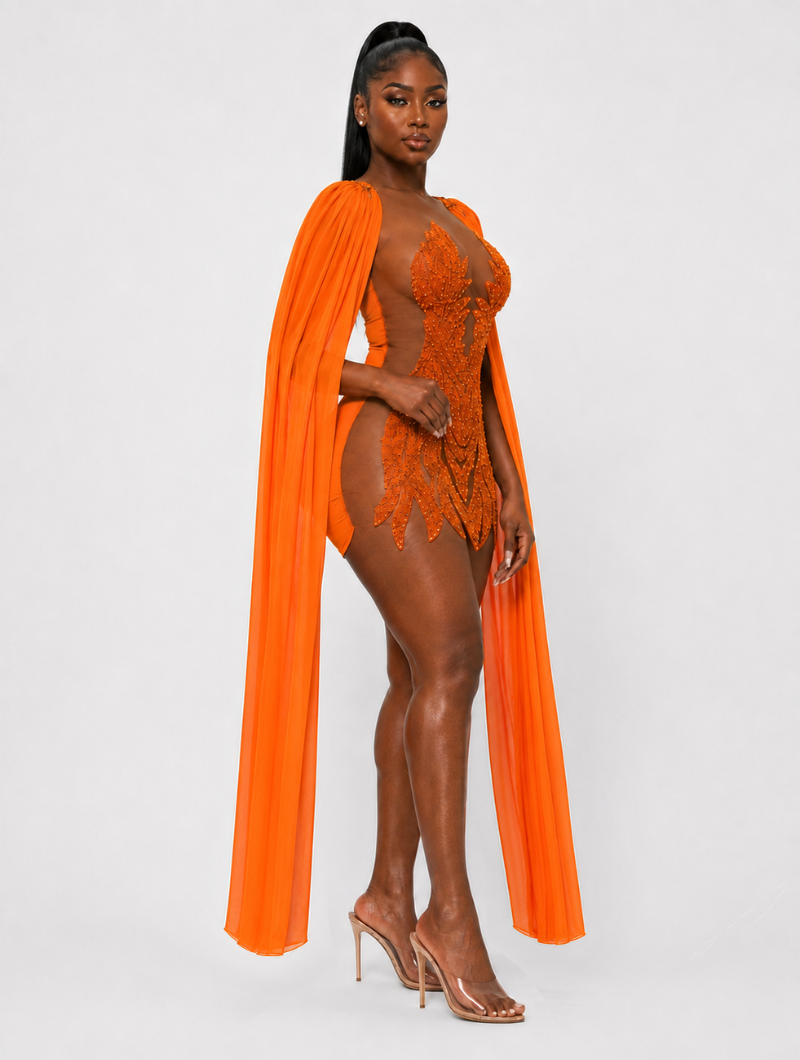 Orange Beaded Long-Sleeve Mini
