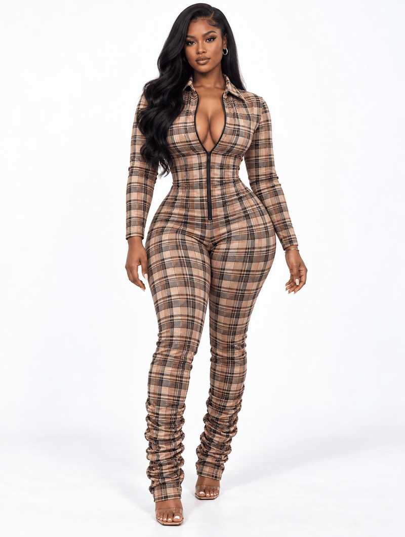 Plaid Stacked Zip Jumpsuit