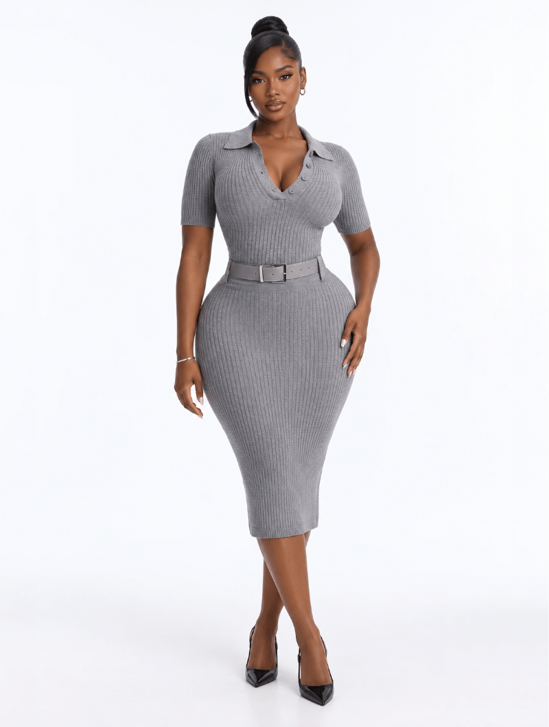 Belted Ribbed Polo Dress
