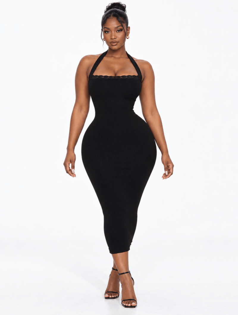 Ribbed Lace Halter Dress