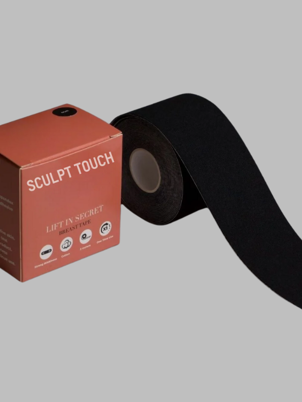 Roll of Secret Black Breast Tape showing medical-grade adhesive and breathable cotton-spandex blend.