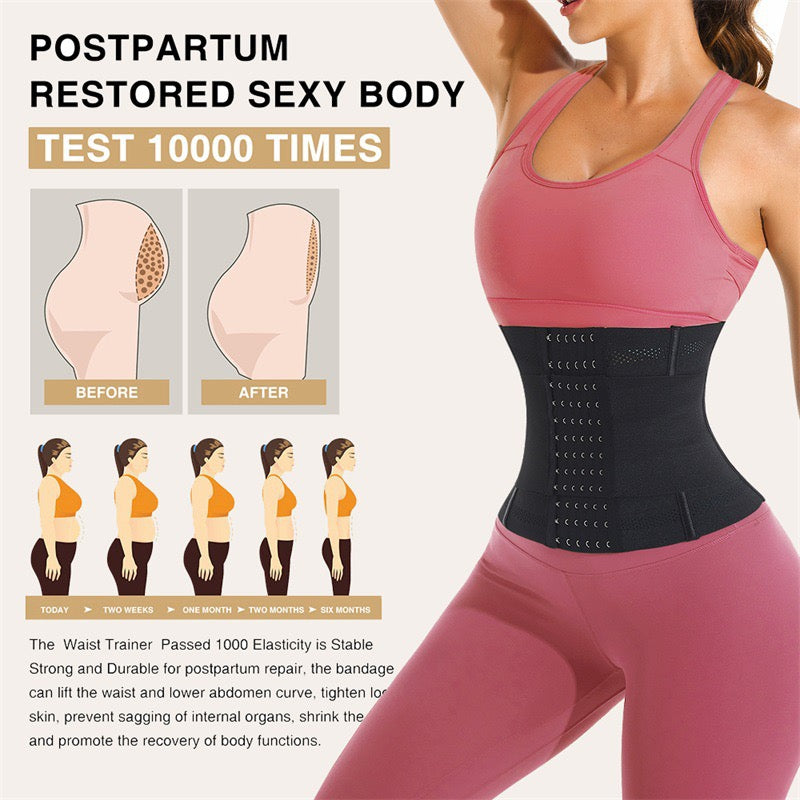 Postpartum waist trainer for women shown on model in pink workout outfit, with before and after body transformation illustrations