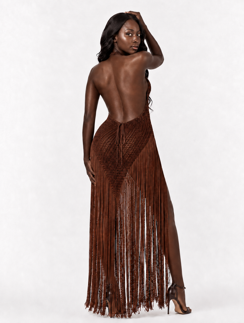 Mocha Crochet Fringe Maxi
