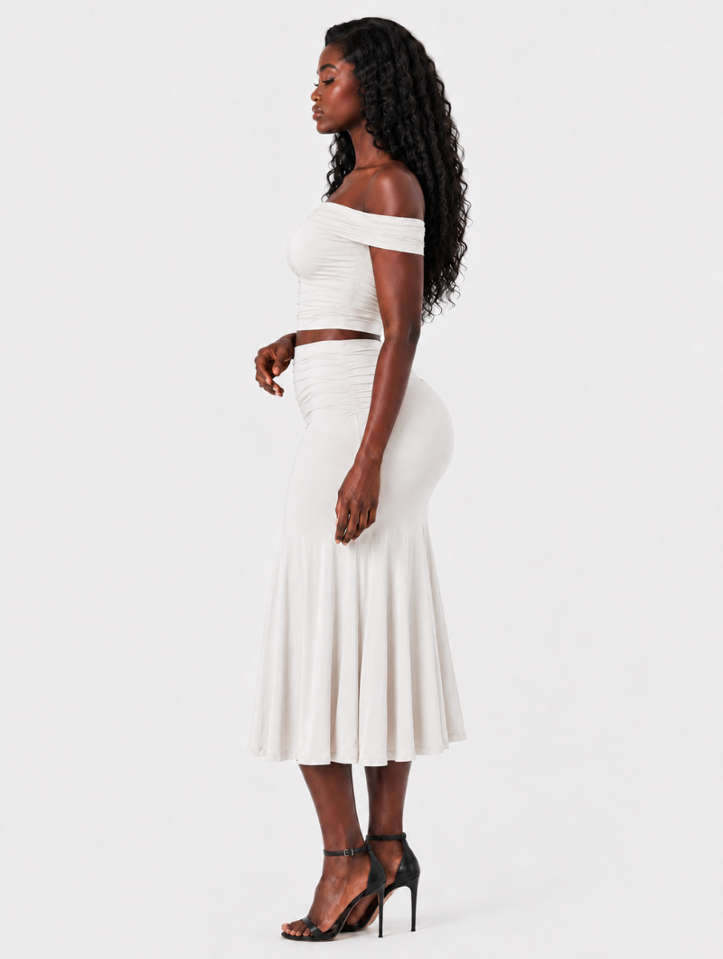 Off-Shoulder Ruched Skirt Set