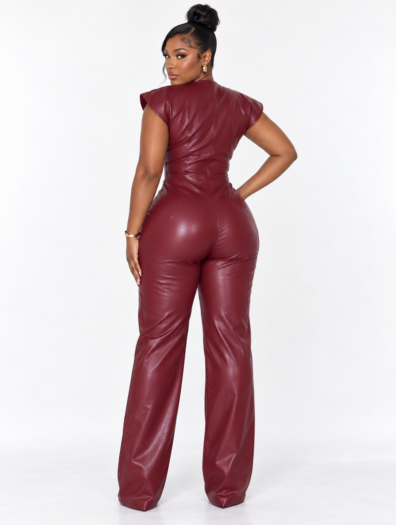 Wine Faux Leather Jumpsuit