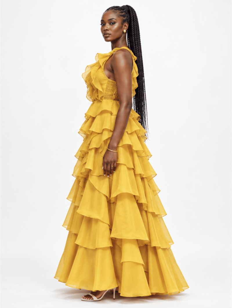 Beaded Plunge Ruffle Gown