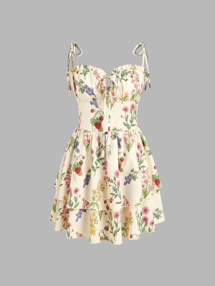 Floral & Fruit Ruffle Hem Knotted Layered Mini Dress