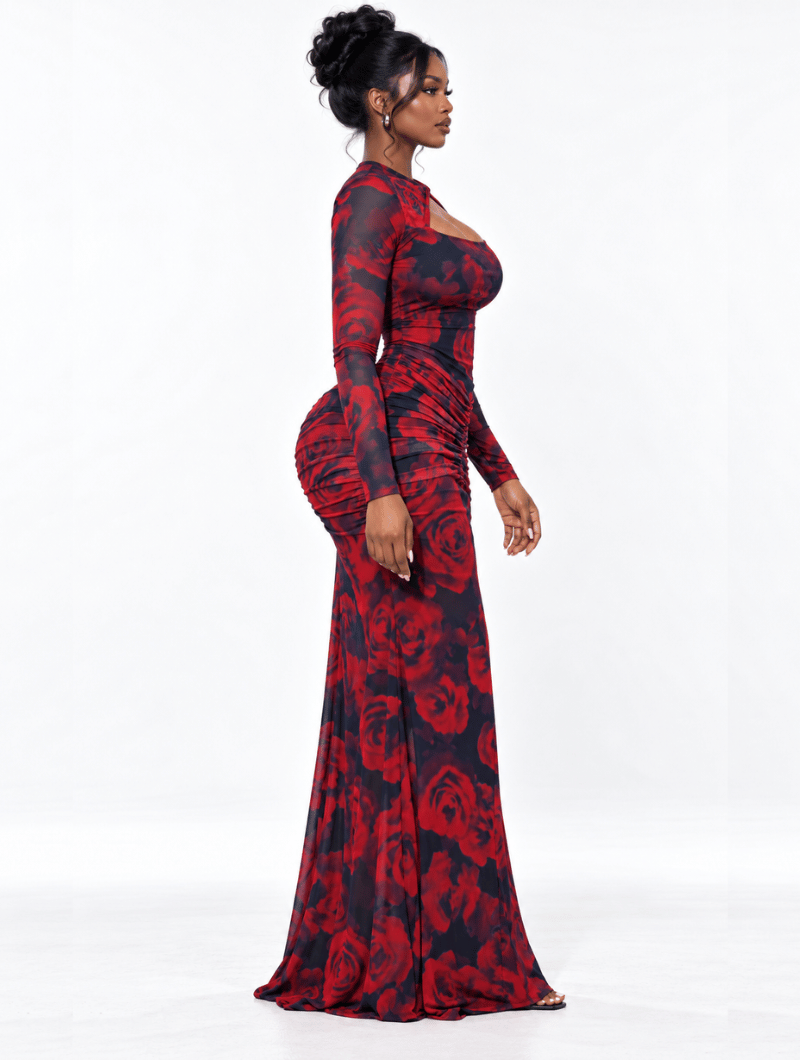 Ruched Rose Cutout Gown