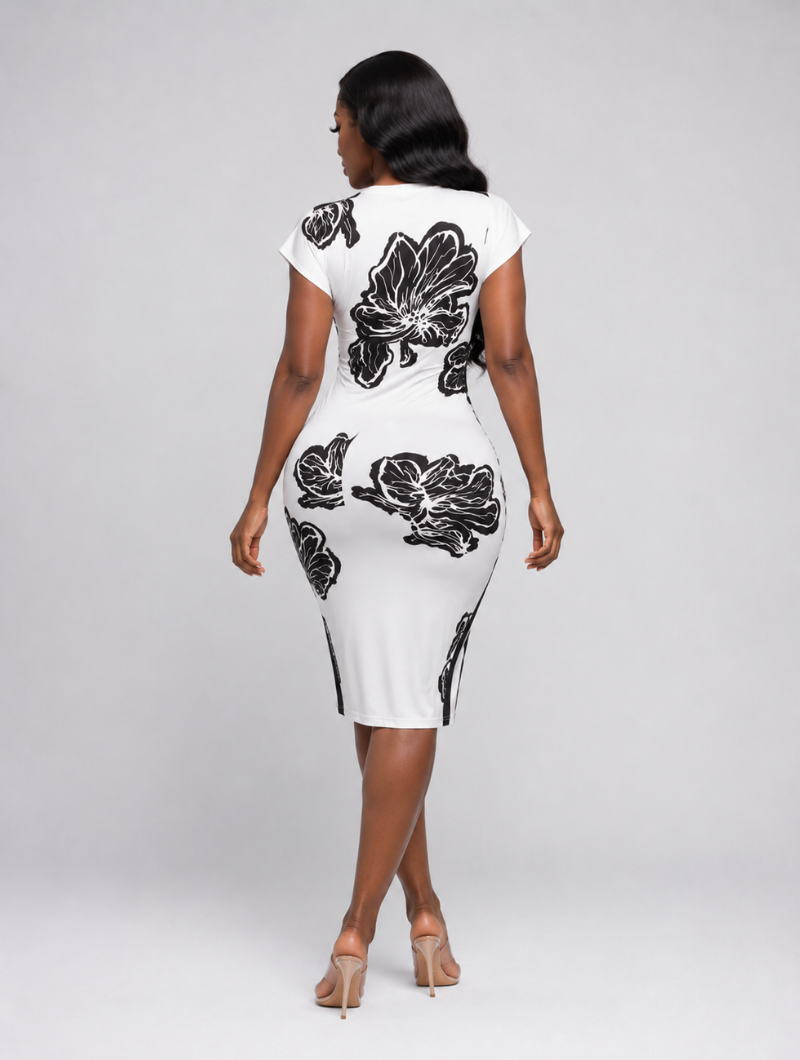 Monochrome Ruched Floral Midi