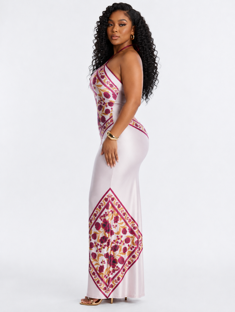 Backless Floral Satin Maxi