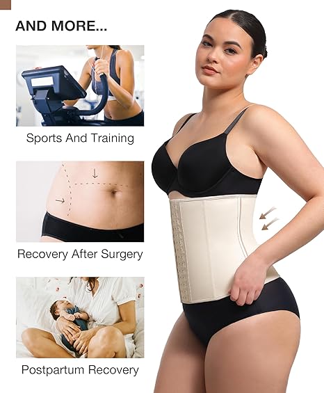 Model wearing beige waist trainer highlighting its use for sports, post-surgery recovery, and postpartum support, with supporting lifestyle images.