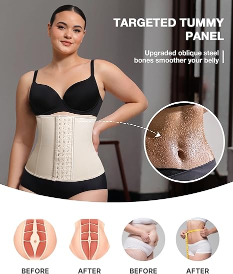 Model wearing beige waist trainer with targeted tummy panel and oblique steel bones, featuring close-up of flat belly and before-and-after body transformation visuals.