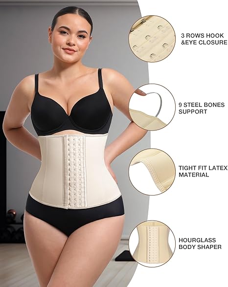 Model wearing beige latex waist trainer corset with 3 rows of hook-eye closure, 9 steel bones, tight fit material, and hourglass body shaper features.