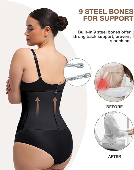 Back view of woman wearing latex waist trainer with 9 built-in steel bones for back support, shown with before-and-after posture improvement graphics.