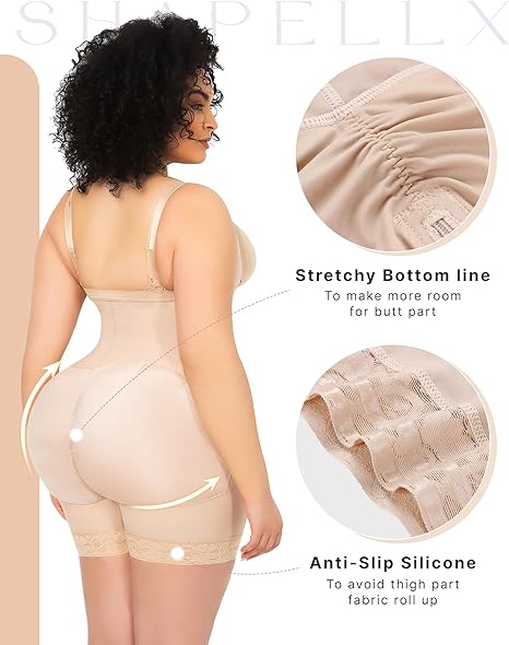 Back view of beige body shaper featuring stretchy bottom line and anti-slip silicone grip for secure fit and enhanced comfort.