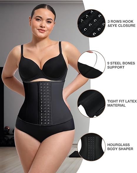 Smiling woman wearing black latex waist trainer with 3-row hook and eye closure, 9 steel bones, tight fit material, and hourglass body shaping design.