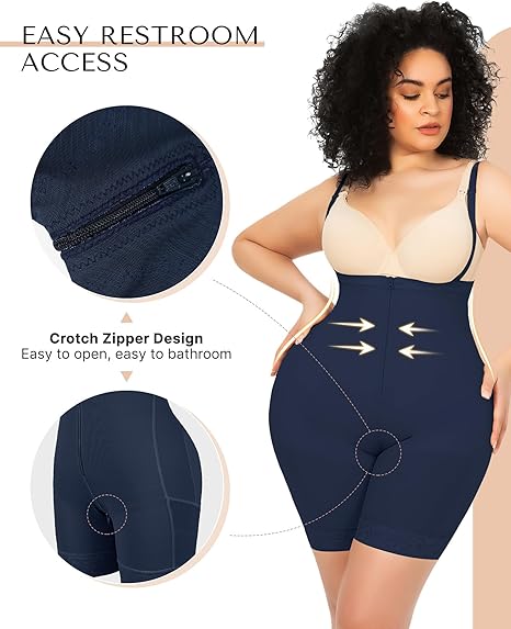 Plus-size woman wearing navy shapewear bodysuit with crotch zipper design for easy restroom access and enhanced tummy control.